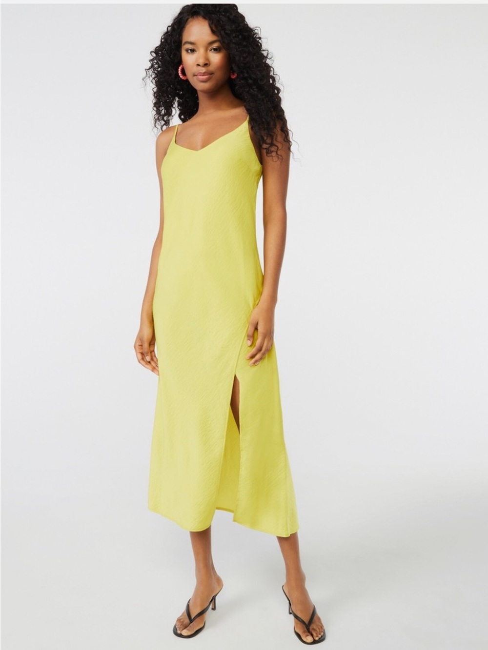 Bright Yellow Slip Midi Dress with Front Slit